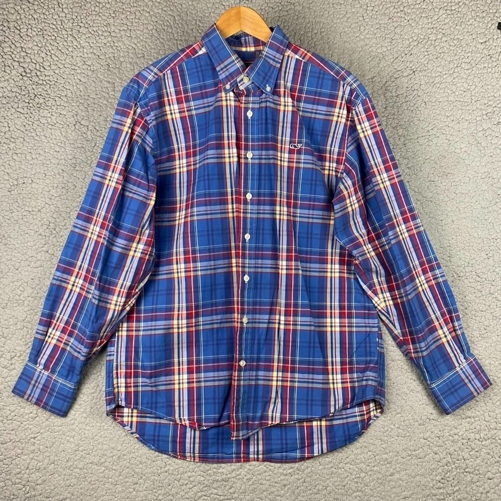 Vineyard Vines Mens M Plaid Button Down Shirt Blue Cotton Whale Preppy 1W0129